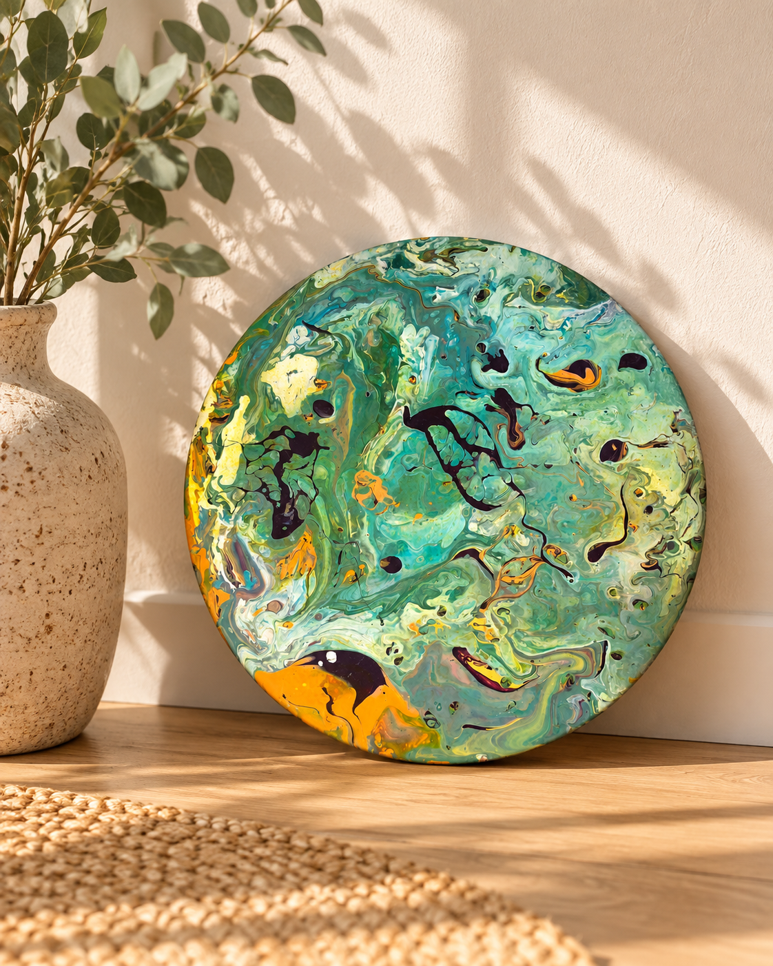 Akış – 33 Cm Yuvarlak El Yapımı Akrilik Tablo | Es Artisan Studio