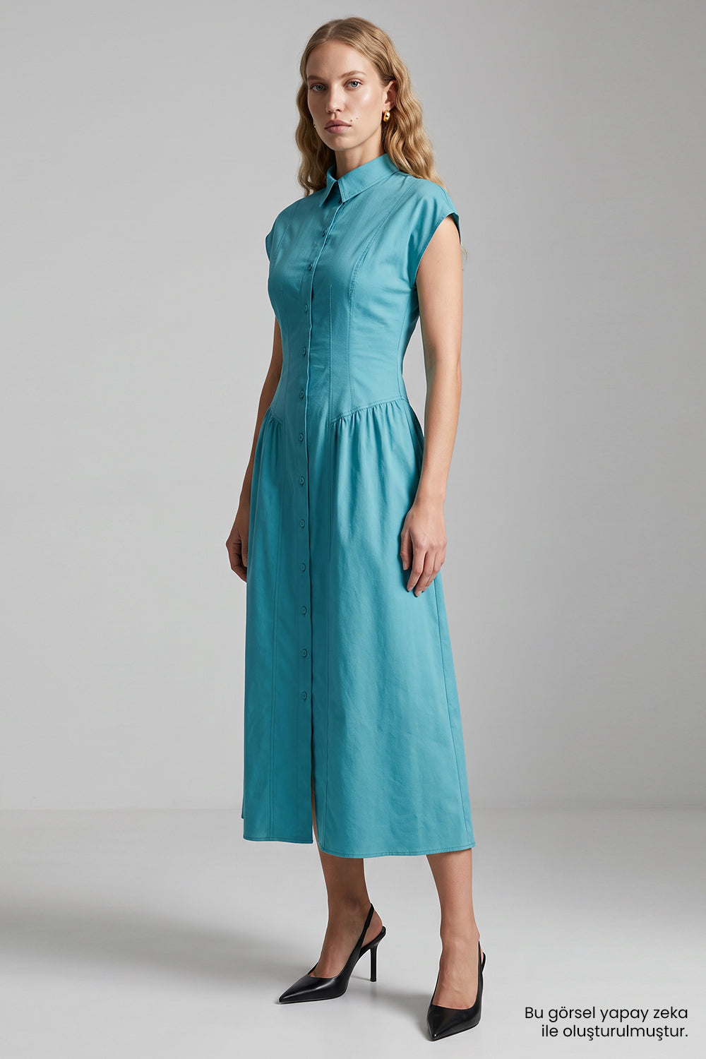 Exquise-Düşük Kol Bele Oturan Slim Fit Midi Elbise – Göl Mavi̇si̇-Elbise-1-fleurdirect.live