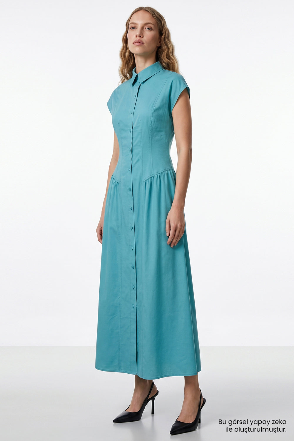 Exquise-Düşük Kol Bele Oturan Slim Fit Midi Elbise – Göl Mavi̇si̇-Elbise-2-fleurdirect.live