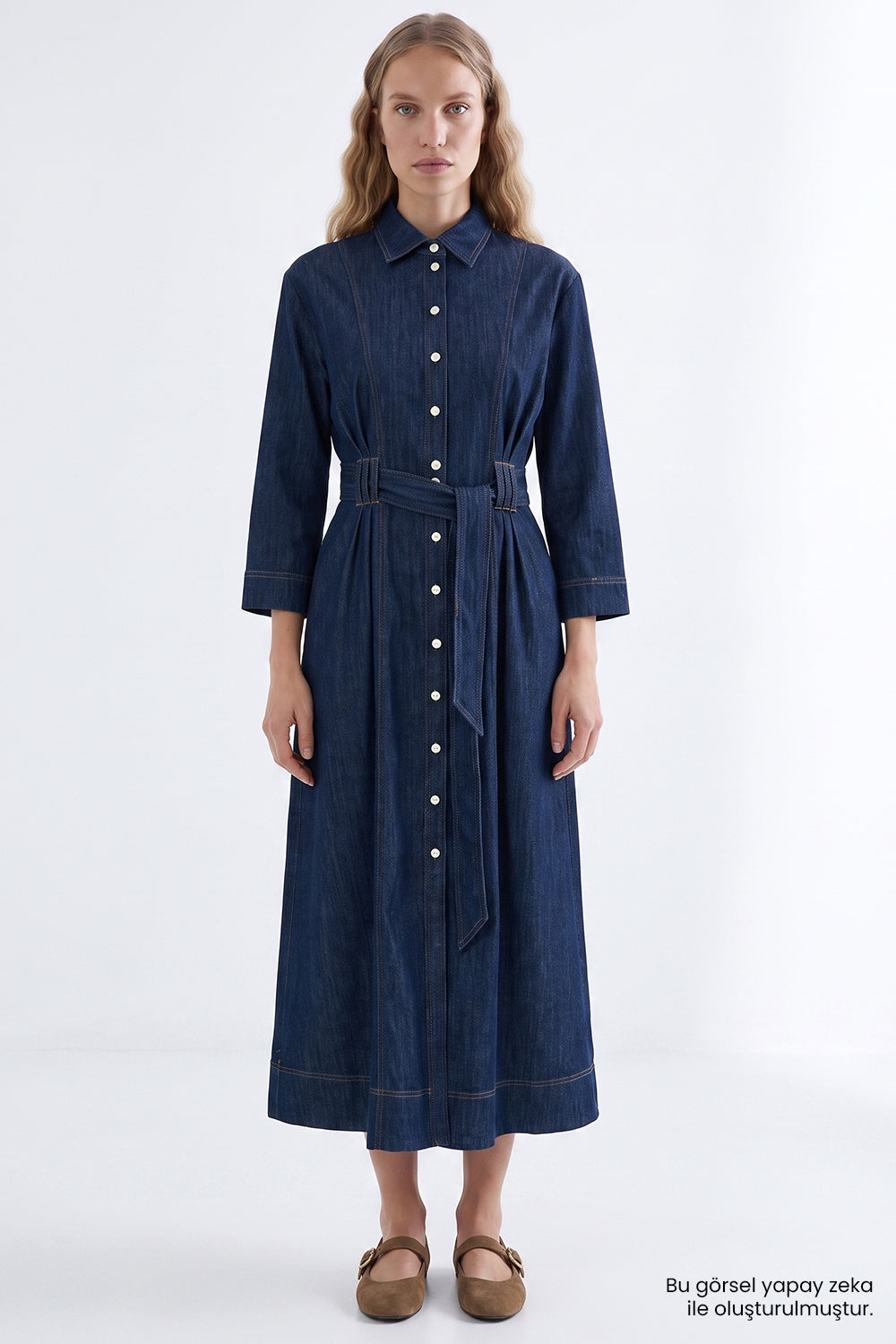 Exquise-Uzun Kollu Kuşaklı Regular Midi Denim Gömlek İNdigo Elbise-Elbise-1-fleurdirect.live