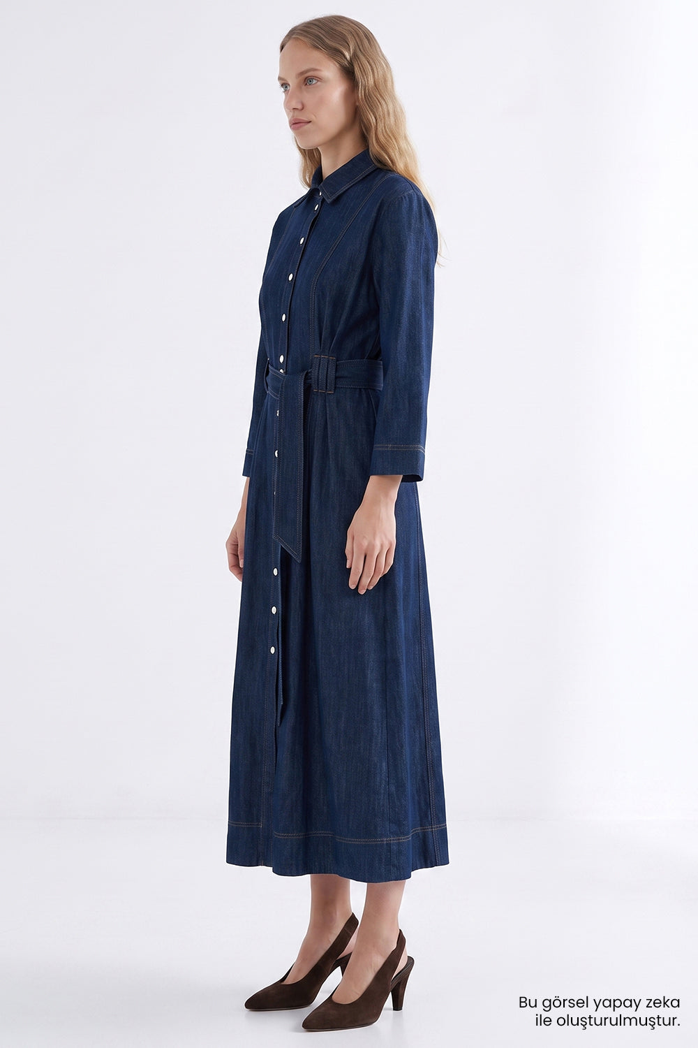 Exquise-Uzun Kollu Kuşaklı Regular Midi Denim Gömlek İNdigo Elbise-Elbise-2-fleurdirect.live