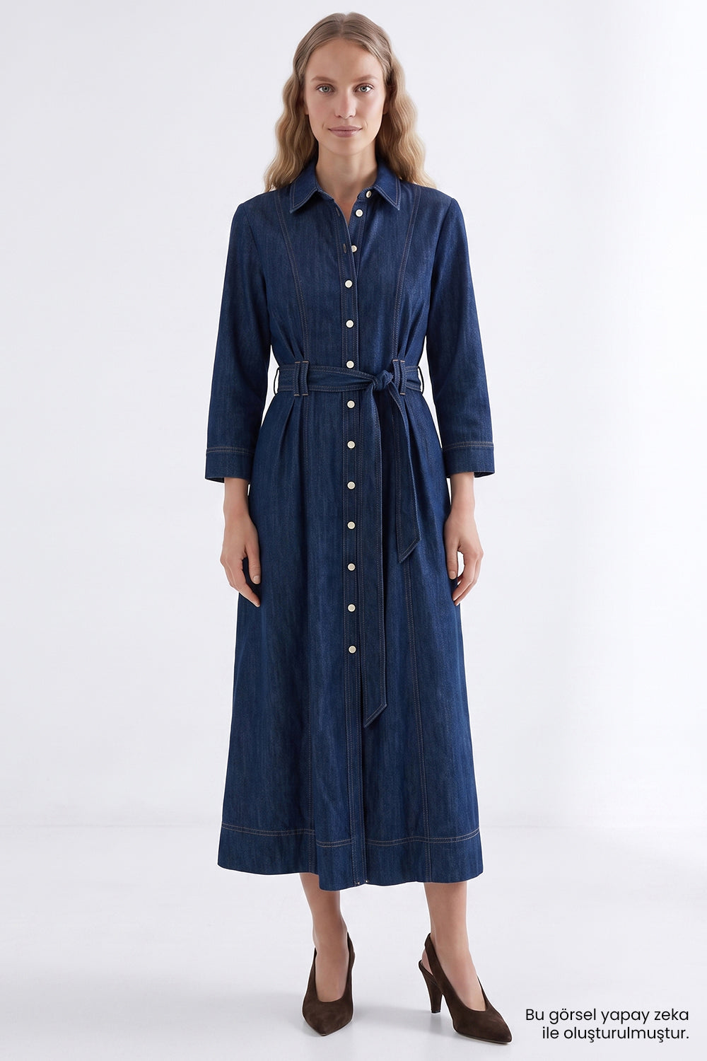 Exquise-Uzun Kollu Kuşaklı Regular Midi Denim Gömlek İNdigo Elbise-Elbise-3-fleurdirect.live