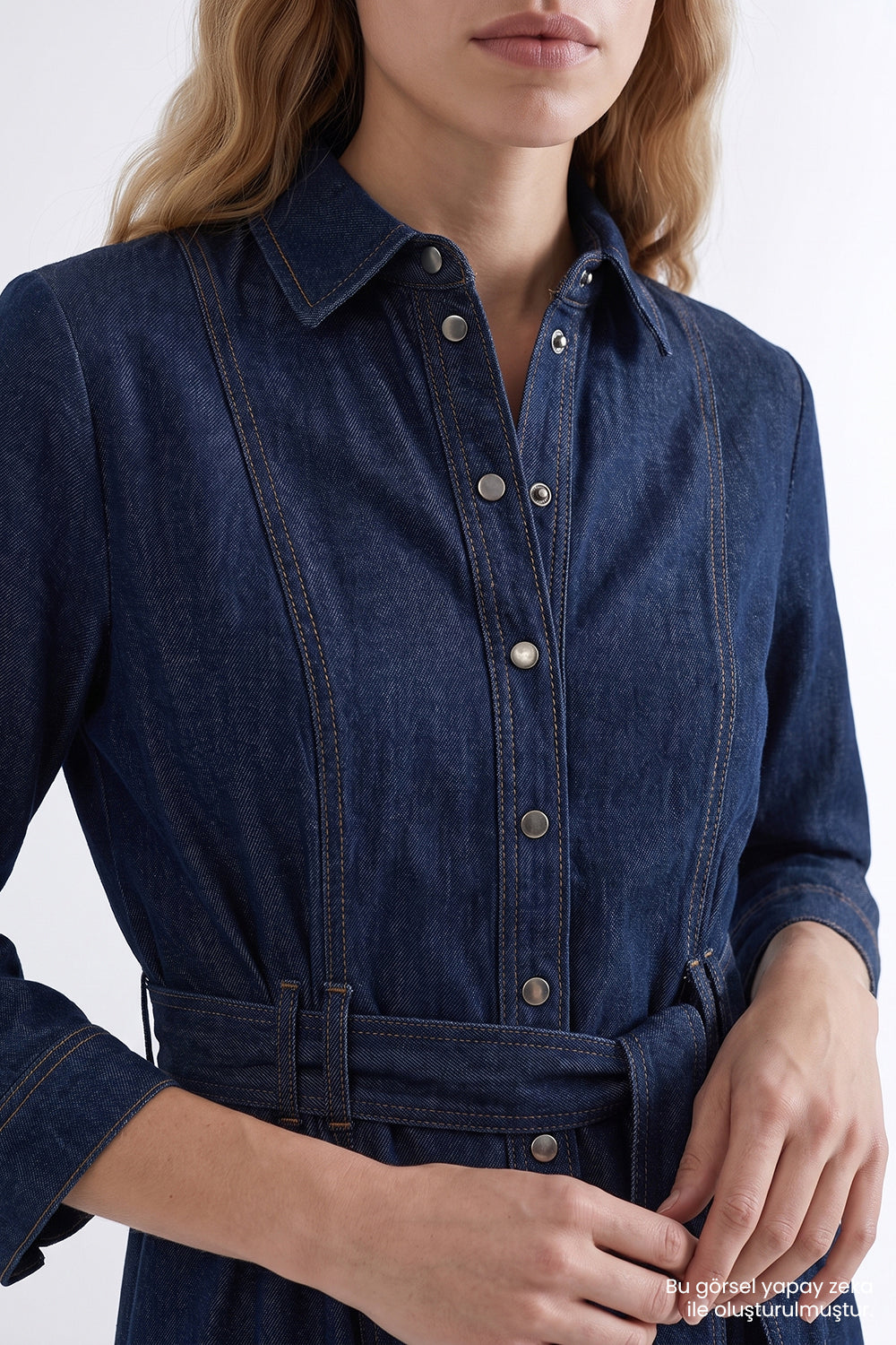 Exquise-Uzun Kollu Kuşaklı Regular Midi Denim Gömlek İNdigo Elbise-Elbise-4-fleurdirect.live