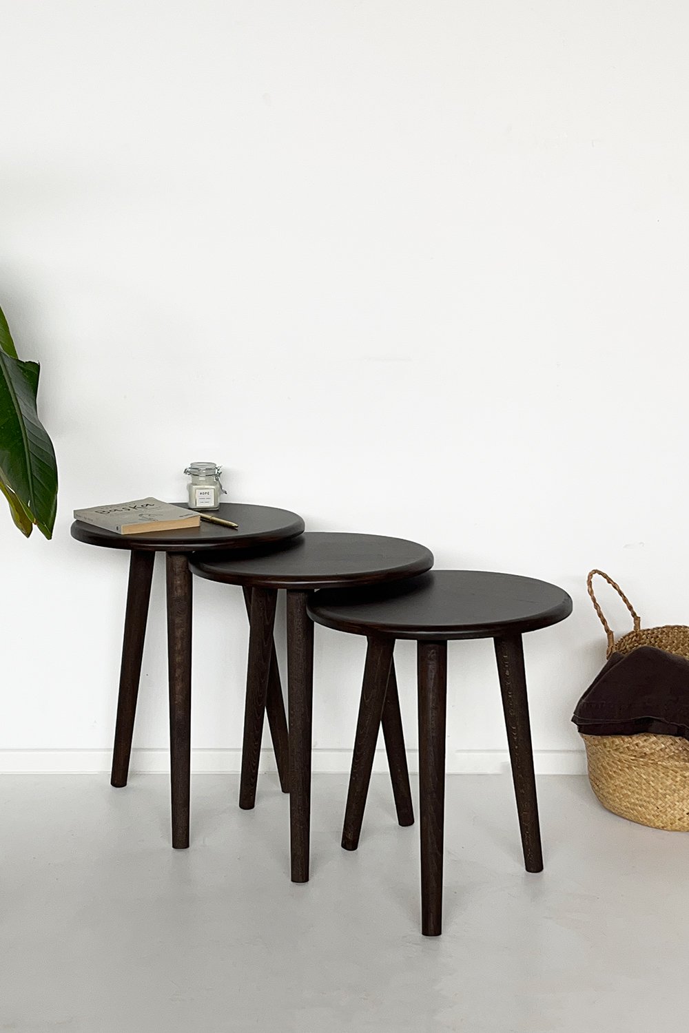 Fagus Wood-Doğal Masif Ahşap Yörünge Sehpa Seti - 3'lü Zigon Yuvarlak Modern Takım - Yan, Dekoratif Sehpa - Ceviz-Sehpa-3-fleurdirect.live