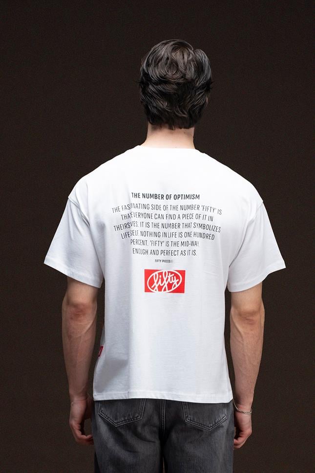 Fifty Pieces-Beyaz Düşük Omuzlu Sırt Baskılı T-Shirt-T-Shirts-3-fleurdirect.live