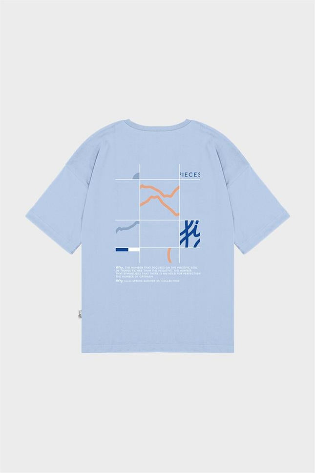 Erkek Mavi Sırt Baskılı Düşük Omuzlu T-Shirt