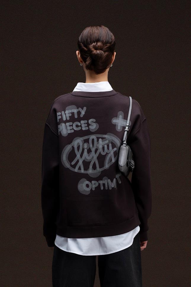 Fifty Pieces-Kahverengi Oversize Sırt Baskılı Sweatshirt-Sweatshirts & Hoodies-3-fleurdirect.live