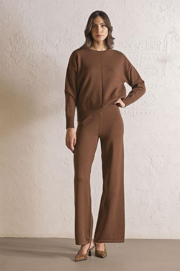 Beli Lastikli Wide Leg Triko Kadın Pantolon