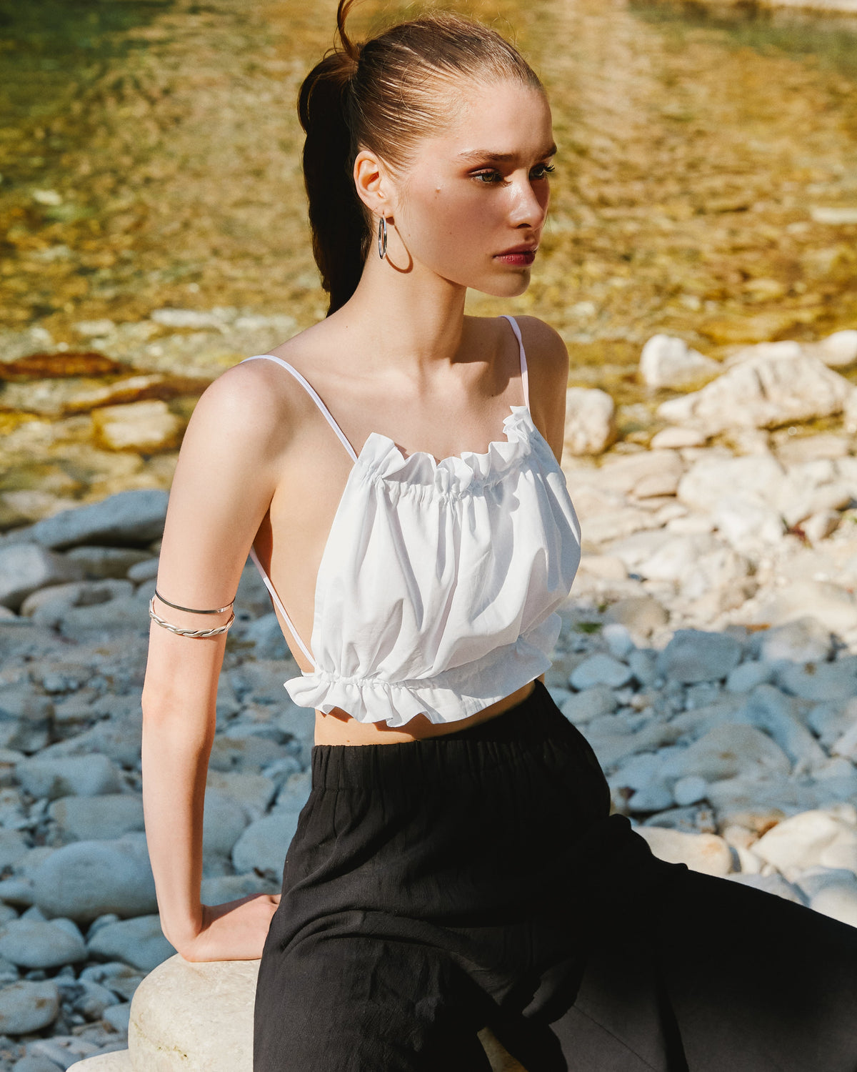 Handarte Los Angeles-Beyaz Büzgülü İpli Crop-Crop Top-3-fleurdirect.live