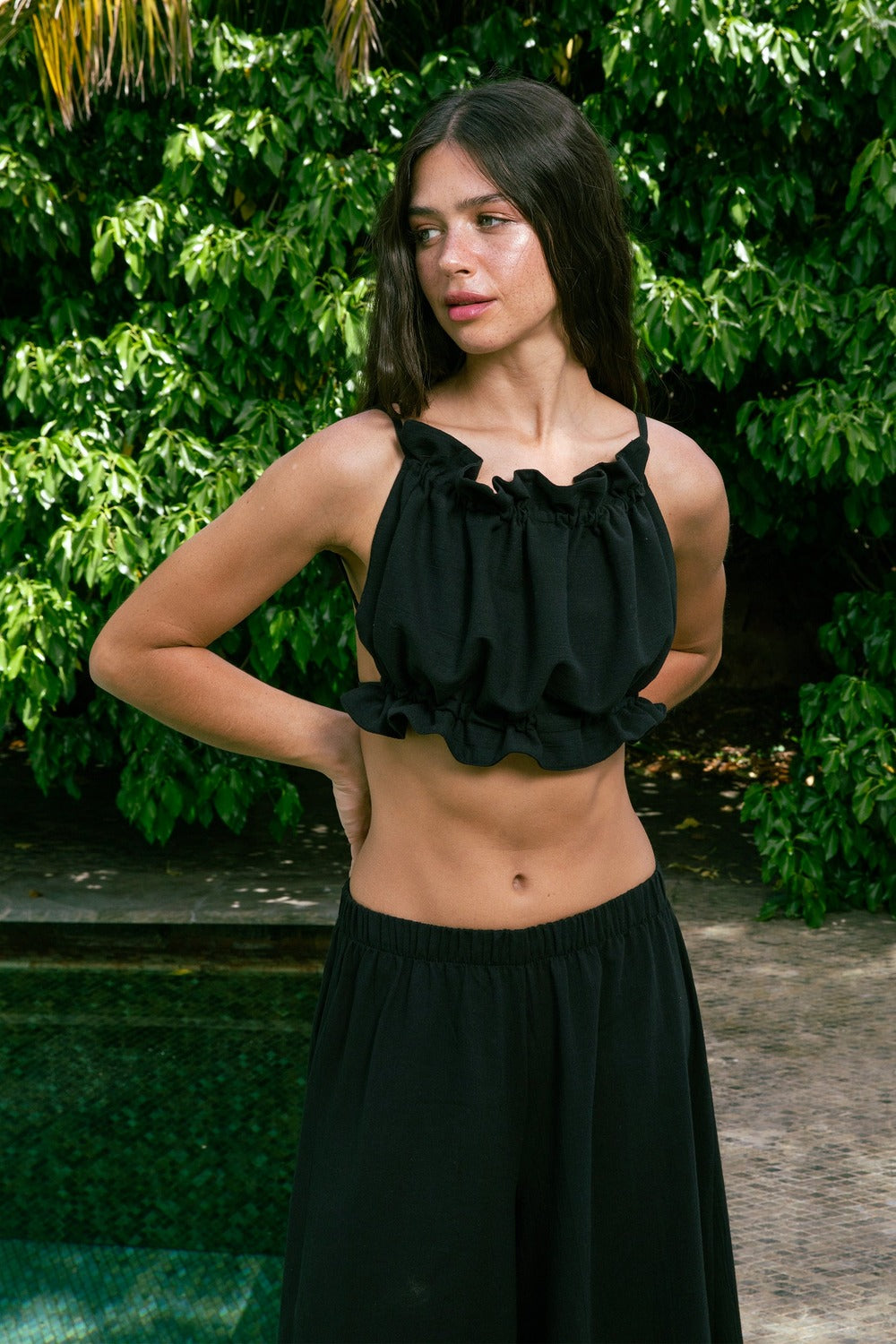Handarte Los Angeles-Siyah Büzgülü İpli şile Bezi Crop-Crop Top-1-fleurdirect.live