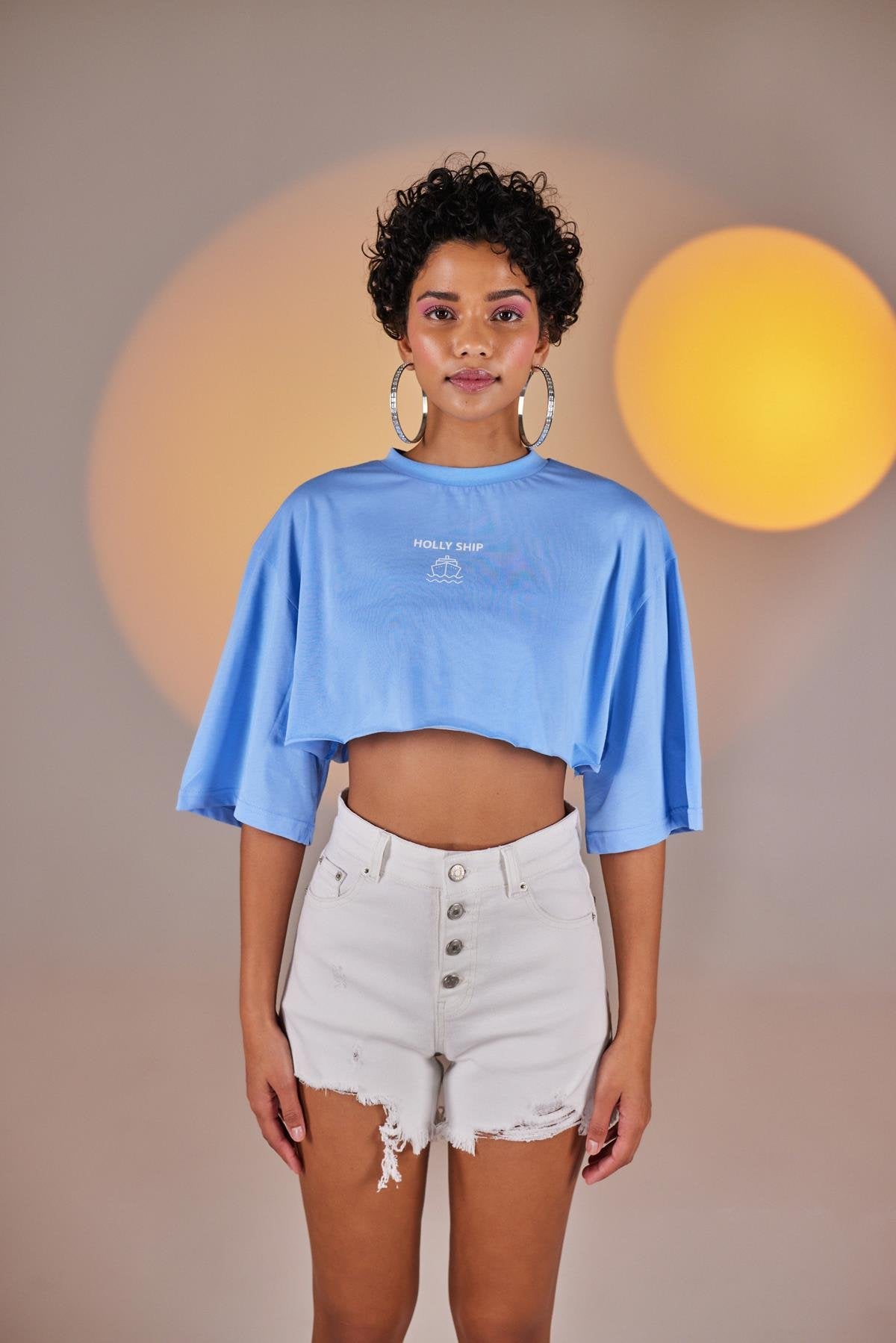 Bisiklet Yaka Holly Crop Tshirt Mavi