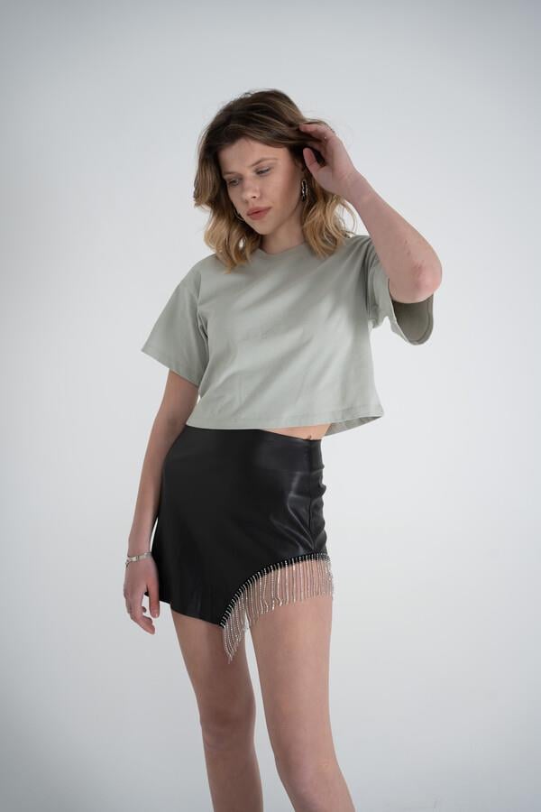 Kısa Kol Bisiklet Yaka Basic Viole Tshirt Haki