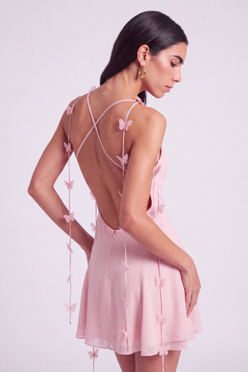 Melanie Çiçek Askılı Sırt Dekolteli Şifon Mini Elbise, Pembe - 2