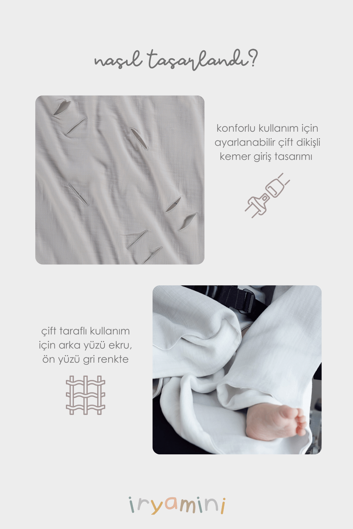 İRYA-Colors Of Joy Organik Pamuk Müslin 2 Katlı Puset Örtüsü Gri 85X85-Müslin Örtü-4-fleurdirect.live