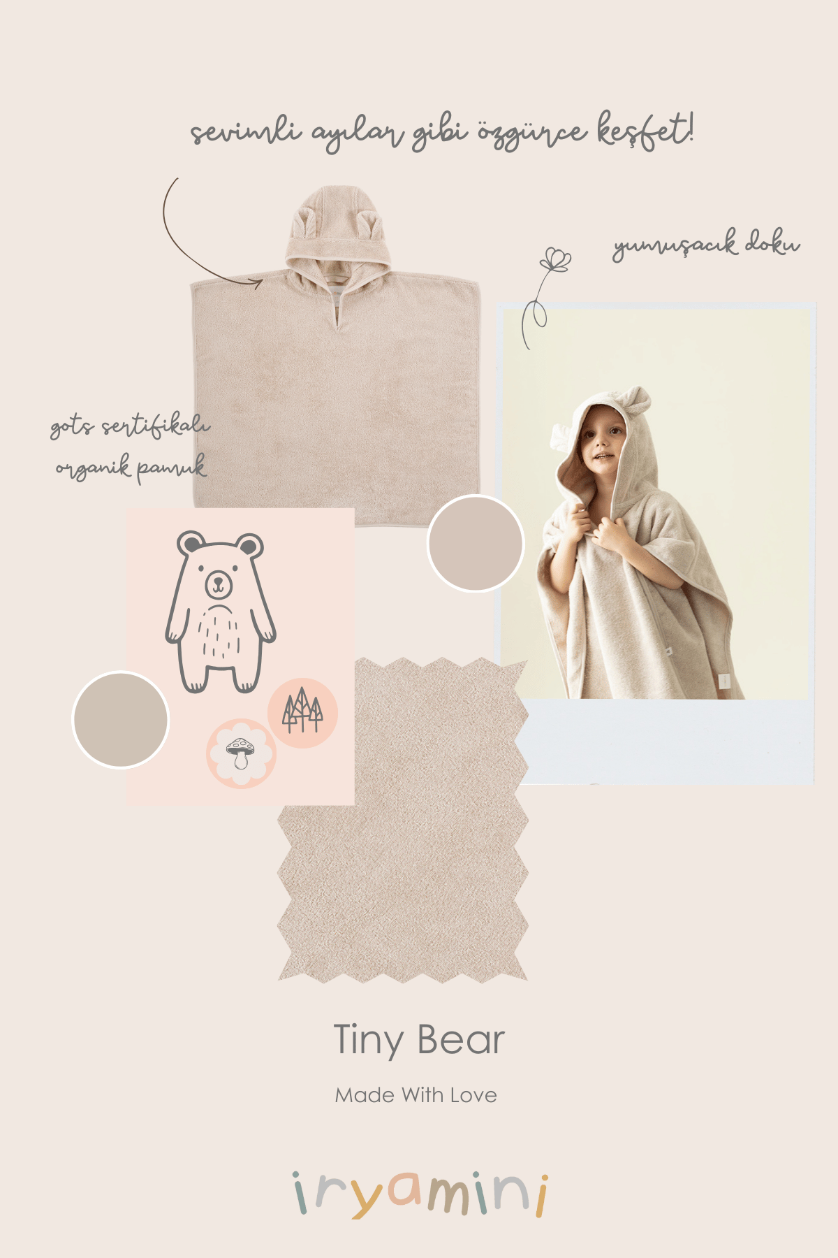 İRYA-Tiny Bear Organik Pamuk Çocuk Panço Bej-Panço-4-fleurdirect.live