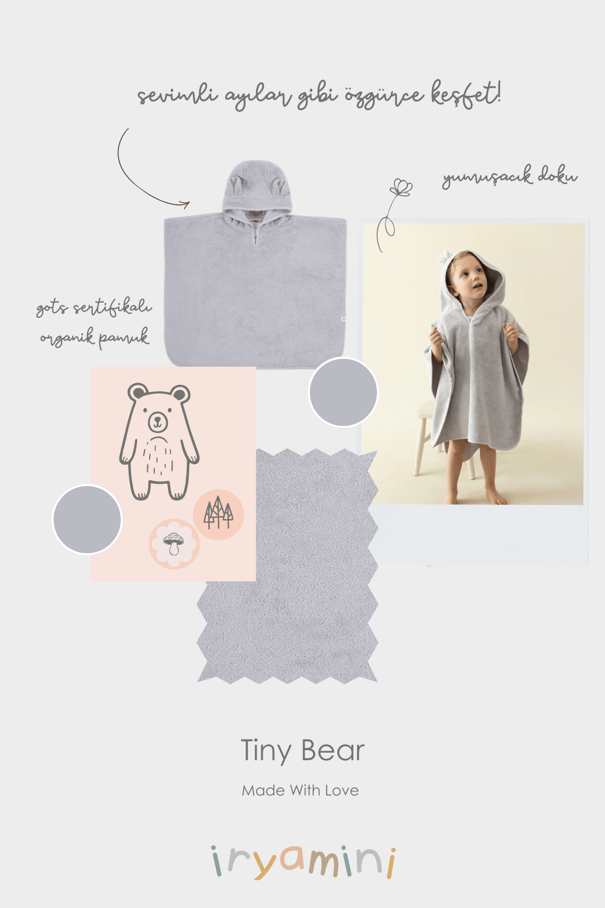 İRYA-Tiny Bear Organik Pamuk Çocuk Panço Gri-Panço-3-fleurdirect.live