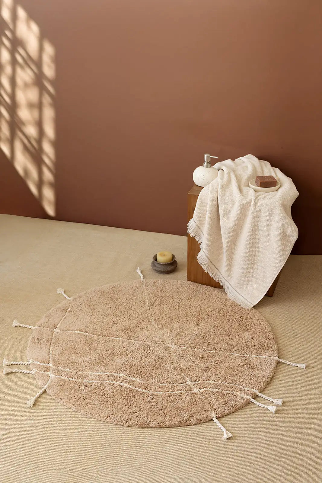 İRYA-Travertine Yuvarlak Banyo Paspası %100 Pamuk 100X100 Kahverengi-Paspas-5-fleurdirect.live