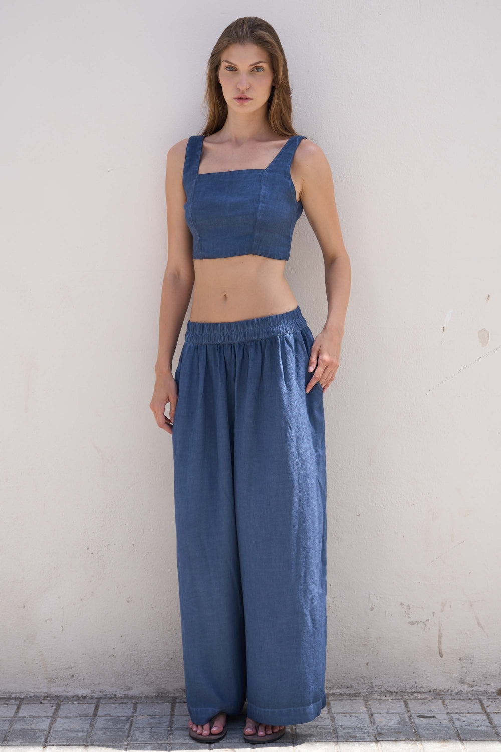 Keten Navy Palazzo Pantolon - 1