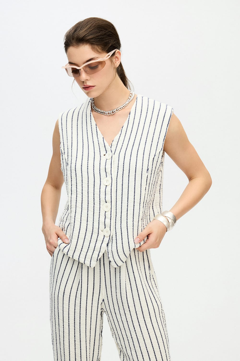 İkikız-Lacivert Çizgili Slouchy Pantolon-Pantolon-4-fleurdirect.live