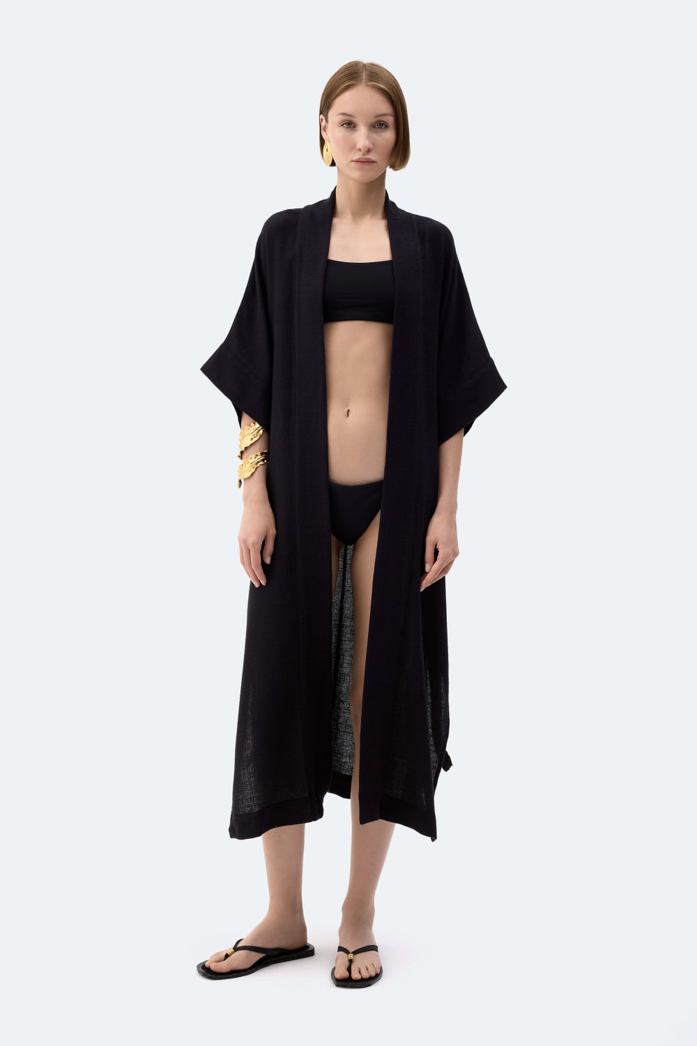 İkikız-Siyah Keten Kimono-Kimono-1-fleurdirect.live