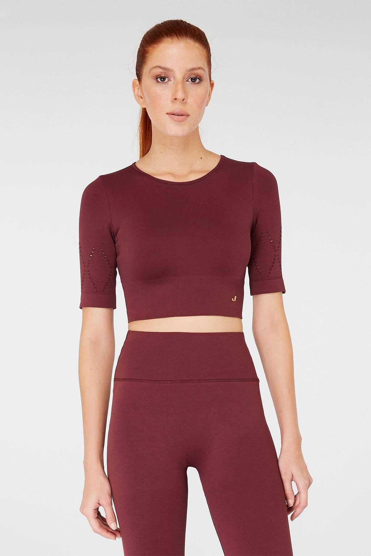 Jerf-Naples Kısa Kol Crop Top Econyl Bordo-Crop Top-2-fleurdirect.live
