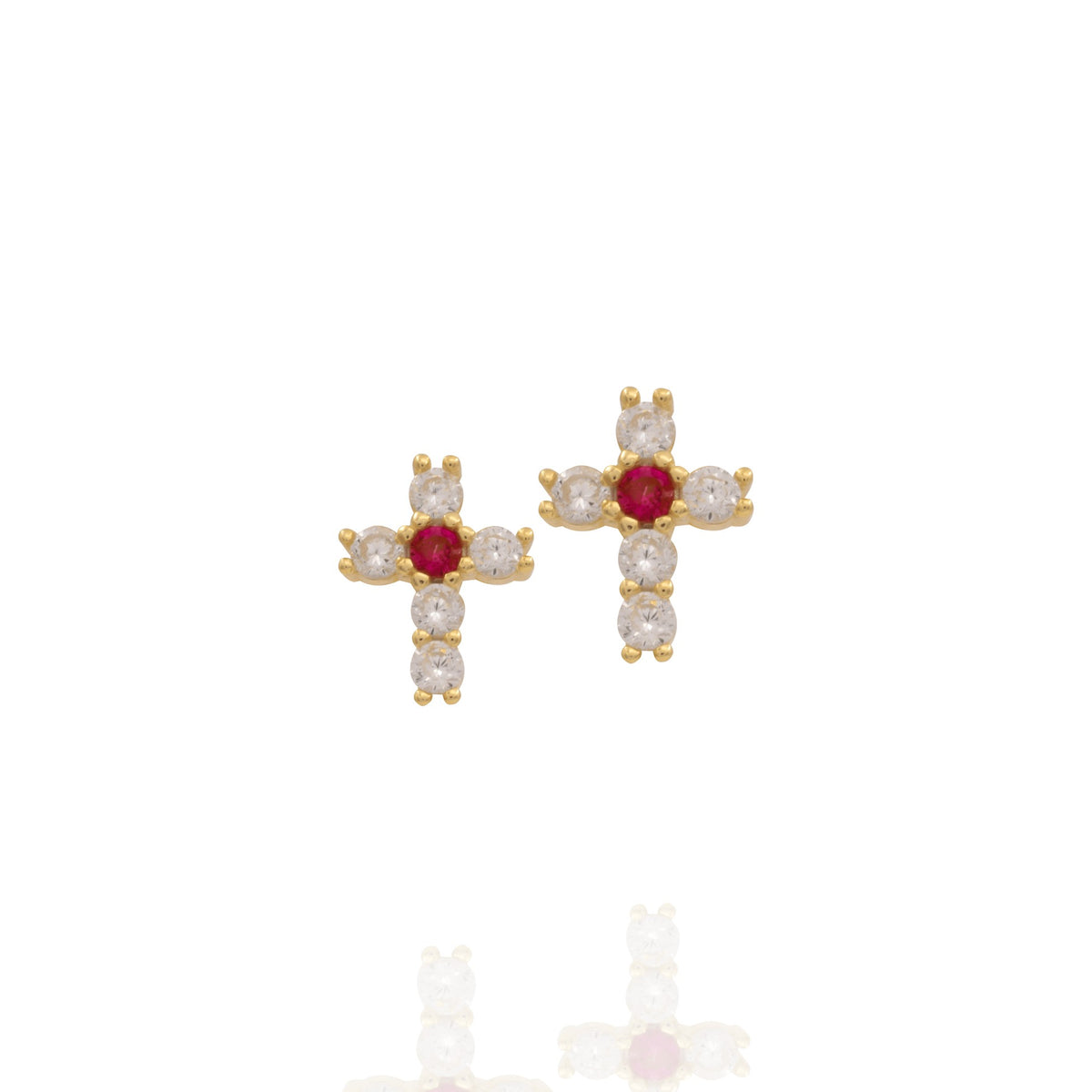 Kimolos-Mini Pink 925 Ayar Gümüş Gold Renk Pembe Zirkon Taşlı Haç Küpe-Küpe-1-fleurdirect.live