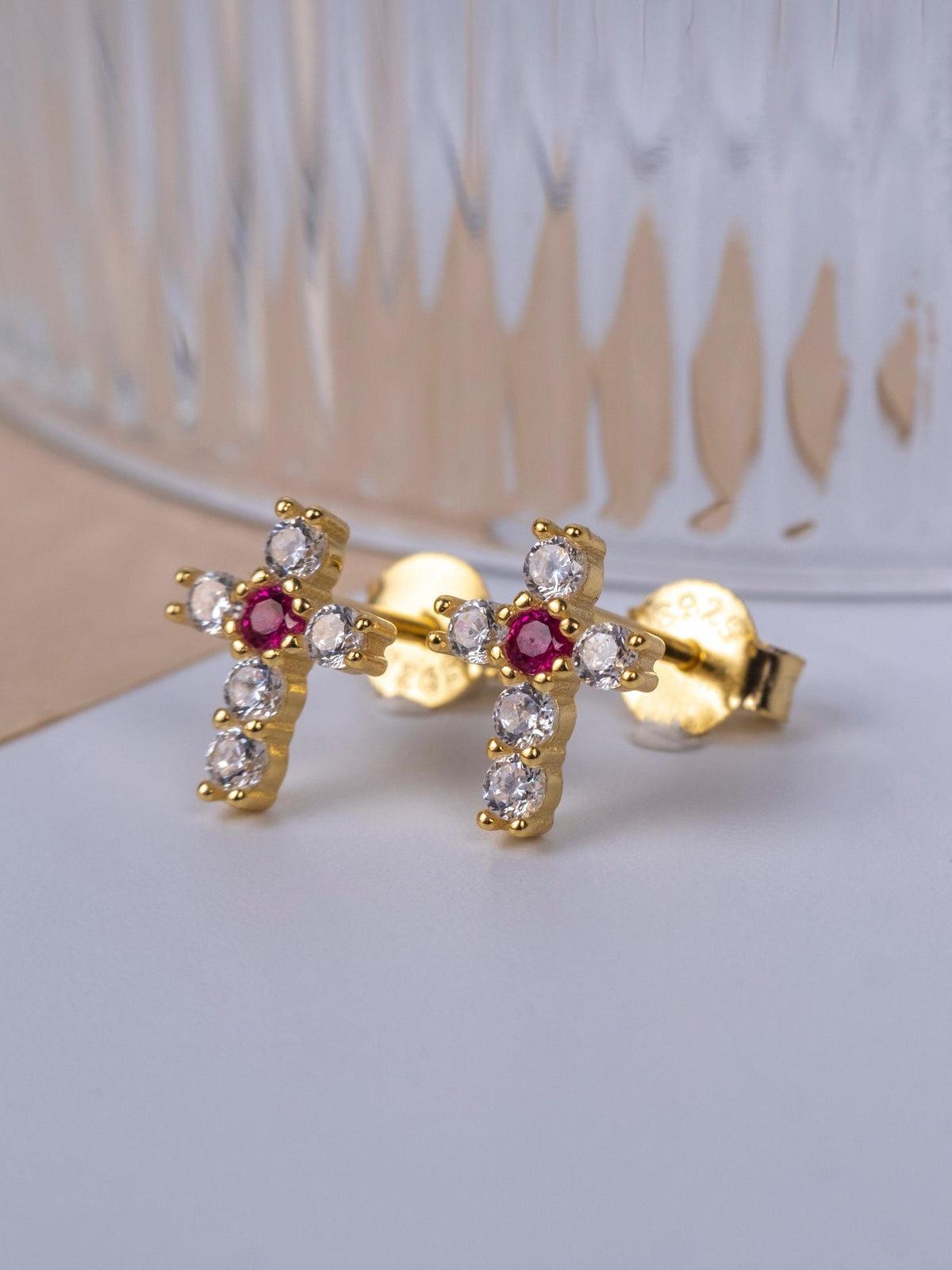 Kimolos-Mini Pink 925 Ayar Gümüş Gold Renk Pembe Zirkon Taşlı Haç Küpe-Küpe-3-fleurdirect.live