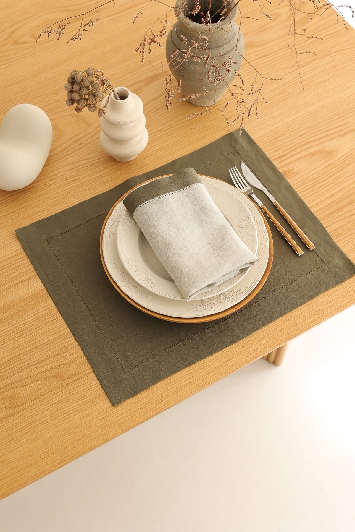 Km Home Collection-2'li Set Yeşil Keten Amerikan Servis-Sunum Aksesuarları-4-fleurdirect.live