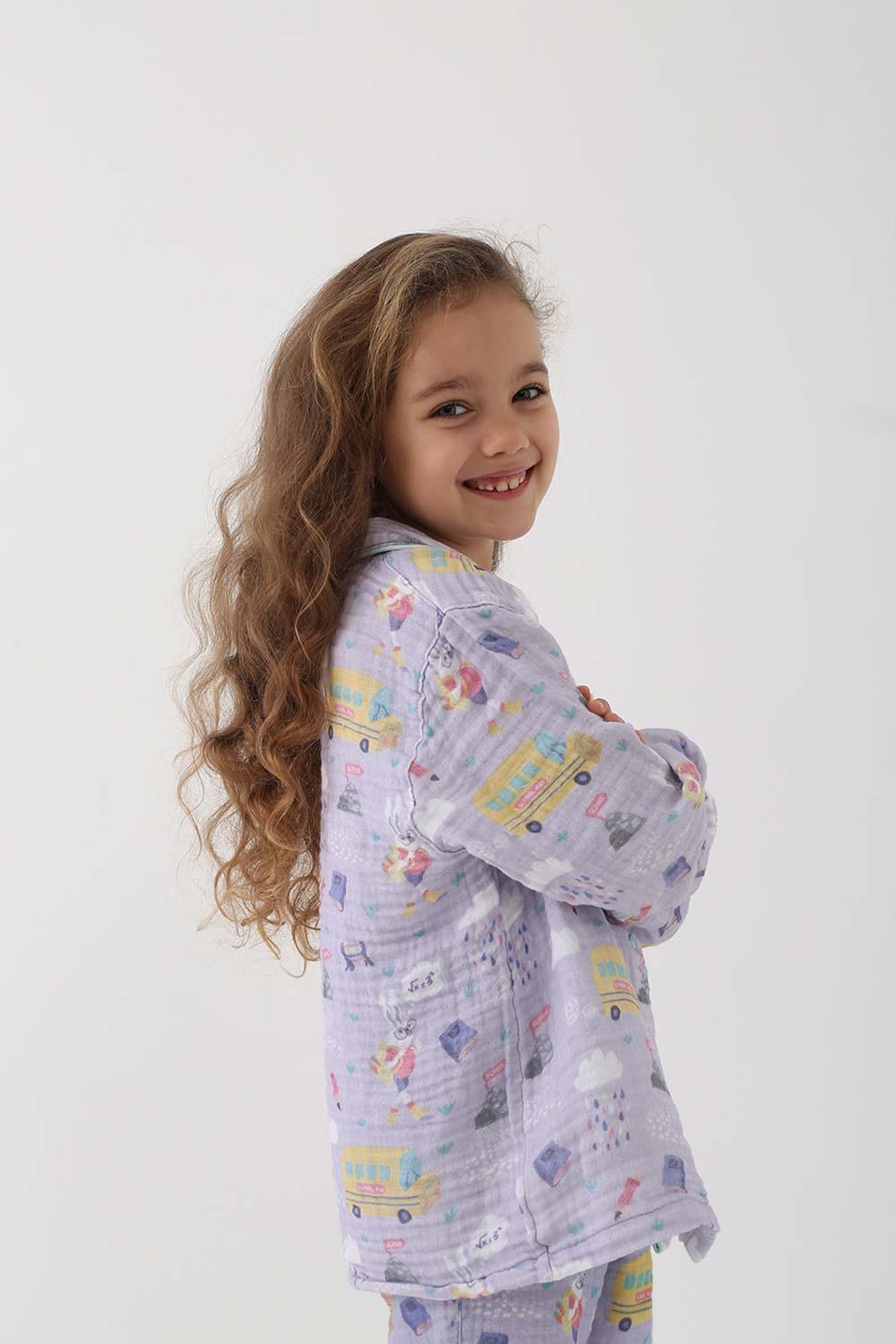 Let's Be Friends-Organik Muslin Pijama Takımı - Lila Okul Desen-Pijama Takımı-3-fleurdirect.live