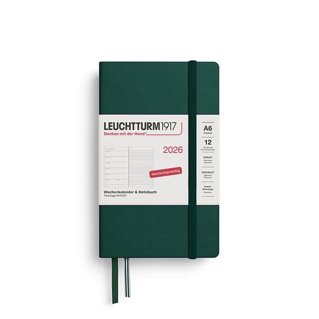 Leuchtturm 1917-Leuchtturm1917 Cep Boy (A6) 12 Aylık Ajanda Ve Not Defteri (çizgili) 2026 Sert Kapak, İngilizce, Forest Green372668-Özel Defterler-1-fleurdirect.live