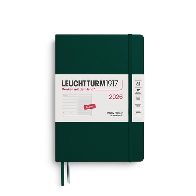 Leuchtturm 1917-Leuchtturm1917 Orta Boy (A5) 12 Aylık Ajanda Ve Not Defteri (çizgili) 2026 Sert Kapak, İngilizce, Forest Green372658-Özel Defterler-1-fleurdirect.live