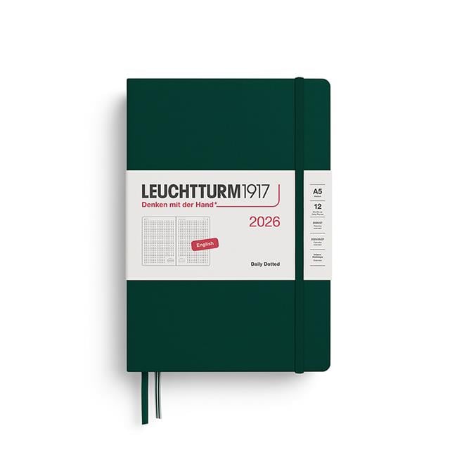 Leuchtturm 1917-Leuchtturm1917 Orta Boy (A5) 12 Aylık Günlük Ajanda (Noktalı) 2026 Sert Kapak, İngilizce, Forest Green372783-Özel Defterler-1-fleurdirect.live