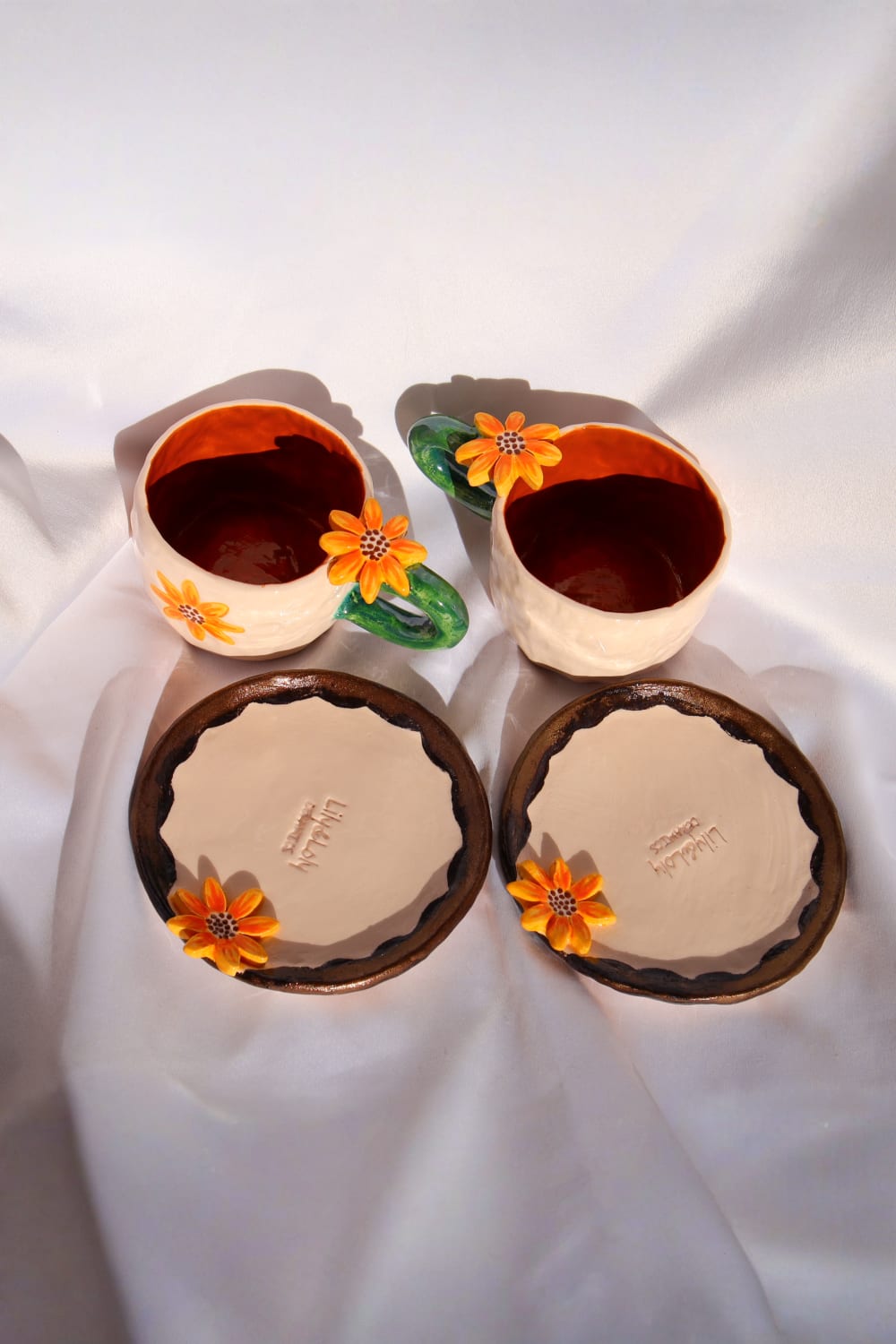 Lily & Loly Ceramics-Özel Çiçek Tasarımlı Çiçek Desenli Ayçiçek Kulplu El Yapımı Seramik Türk Kahvesi Fincan Seti - 2'li-Bardak-2-fleurdirect.live