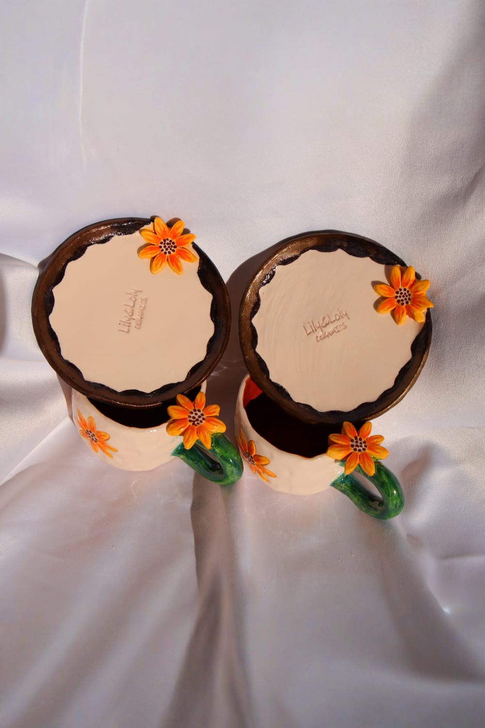 Lily & Loly Ceramics-Özel Çiçek Tasarımlı Çiçek Desenli Ayçiçek Kulplu El Yapımı Seramik Türk Kahvesi Fincan Seti - 2'li-Bardak-6-fleurdirect.live