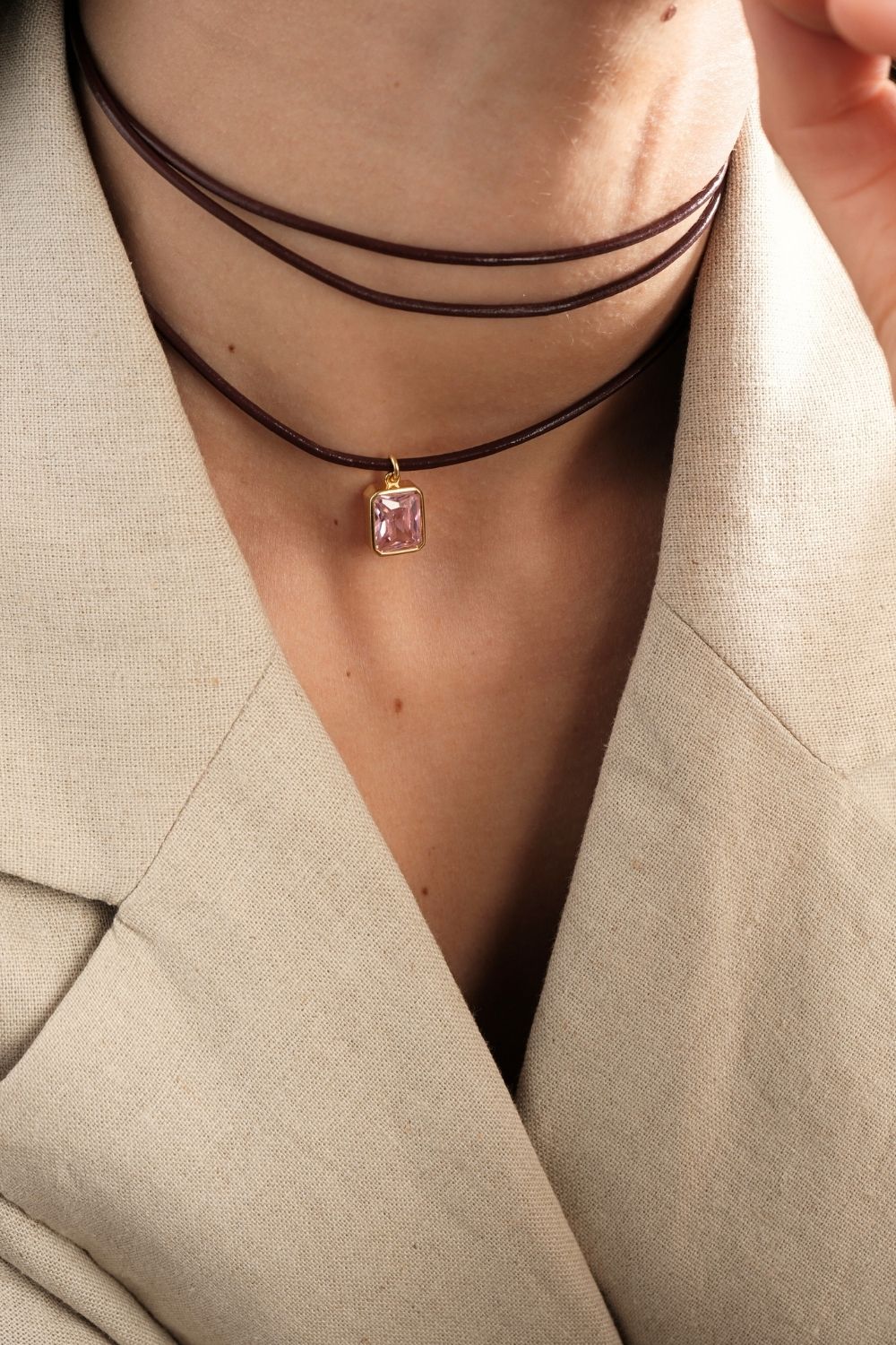 Bordo Deri İPli Pembe Kristal TaşLı Kolye - 6