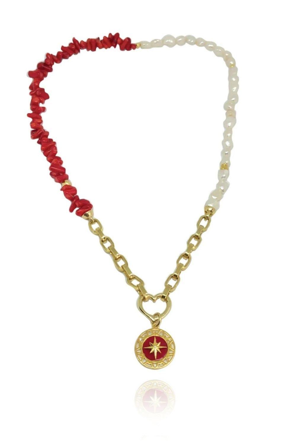 Linya Jewellery-Kutup Yıldızı Kırmızı Mercan Madalyon-Kolye-1-fleurdirect.live