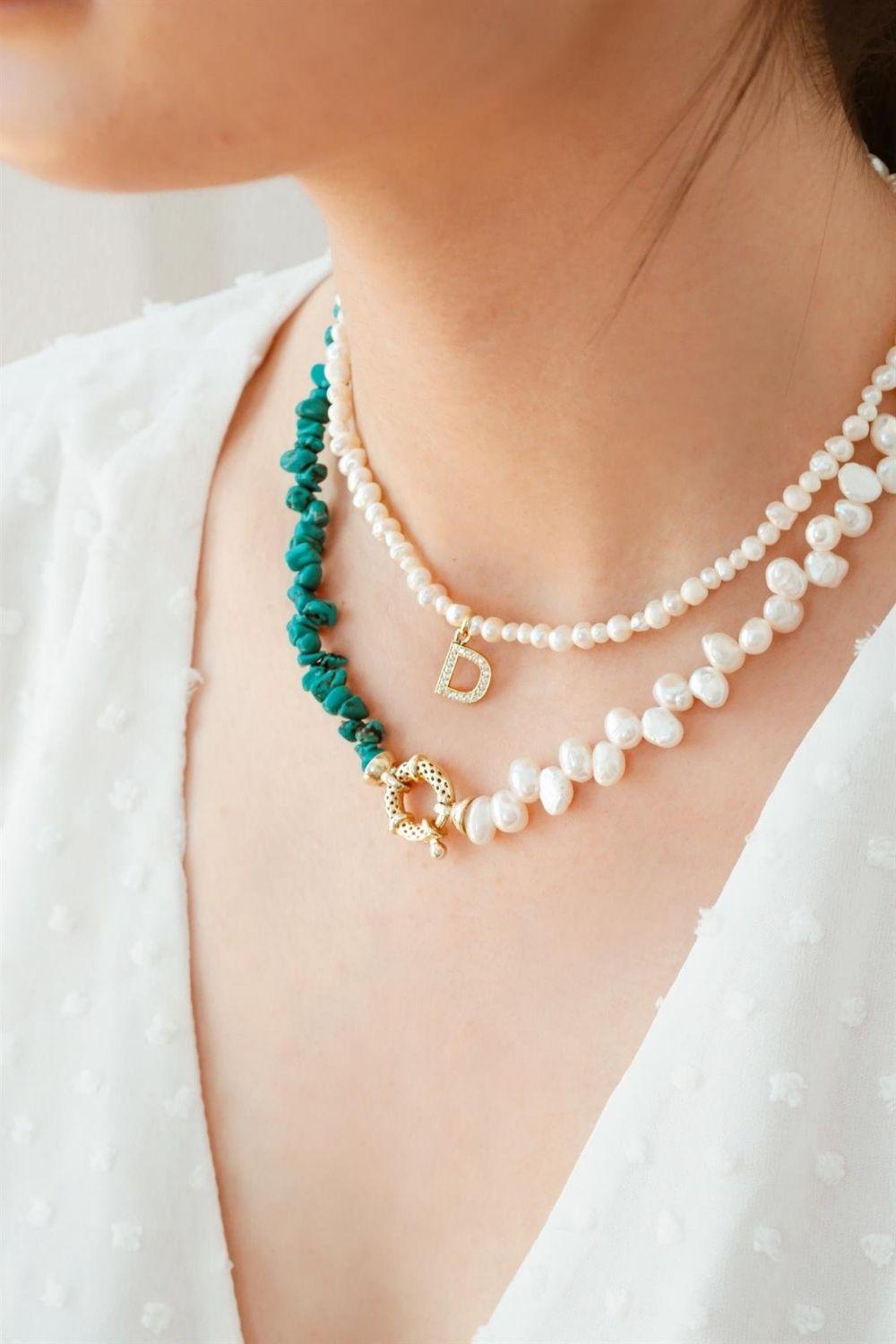 Linya Jewellery-Turkuaz Taşlı İnci Kolye-Kolye-2-fleurdirect.live