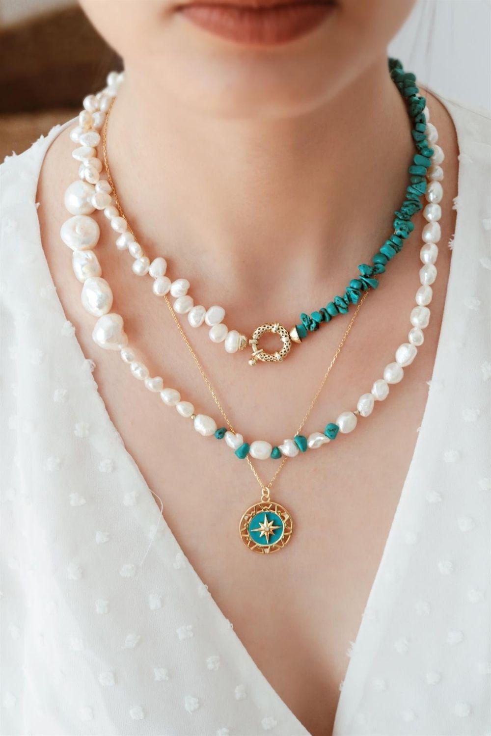 Linya Jewellery-Turkuaz Taşlı İnci Kolye-Kolye-3-fleurdirect.live