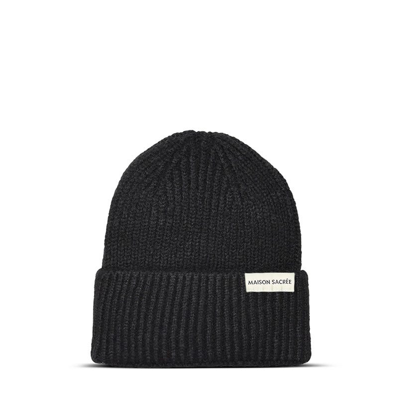 Maison Sacrée-Ms Black Knitted Beanie-Bere-1-fleurdirect.live