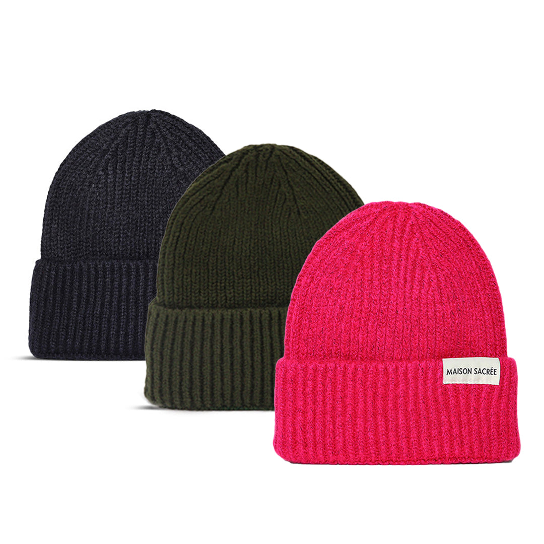Maison Sacrée-Pink Khaki Navy Blue Beanie Three Pack-Bere-1-fleurdirect.live