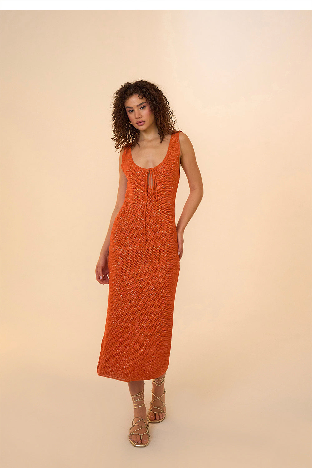 Mozto-Noor Orange Knitted Midi Dress-Elbise-2-fleurdirect.live