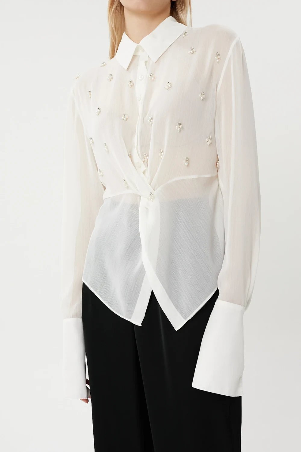 Nilgün Mirza-El İşlemesi Işıltılı Nakışlı Düğüm Detaylı Şifon Gömlek-Gömlek-3-fleurdirect.live