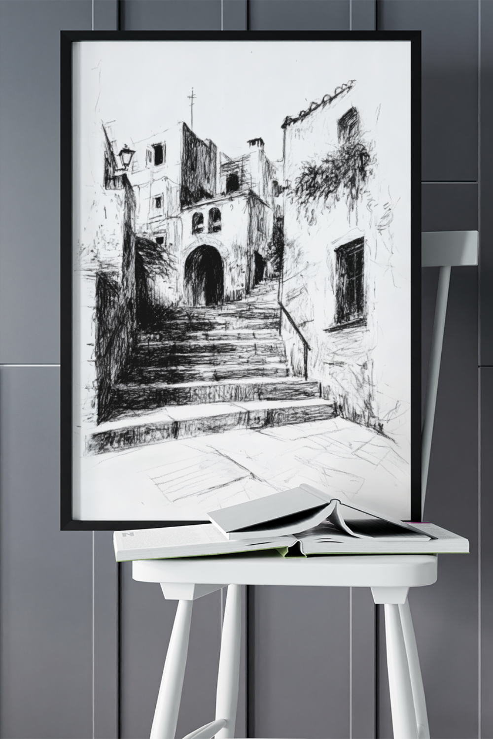 Nord Design-Kara Kalem Seri̇si̇ Çerçeveli̇ Tablo - Merdi̇venli̇ Yol-Tablo-1-fleurdirect.live