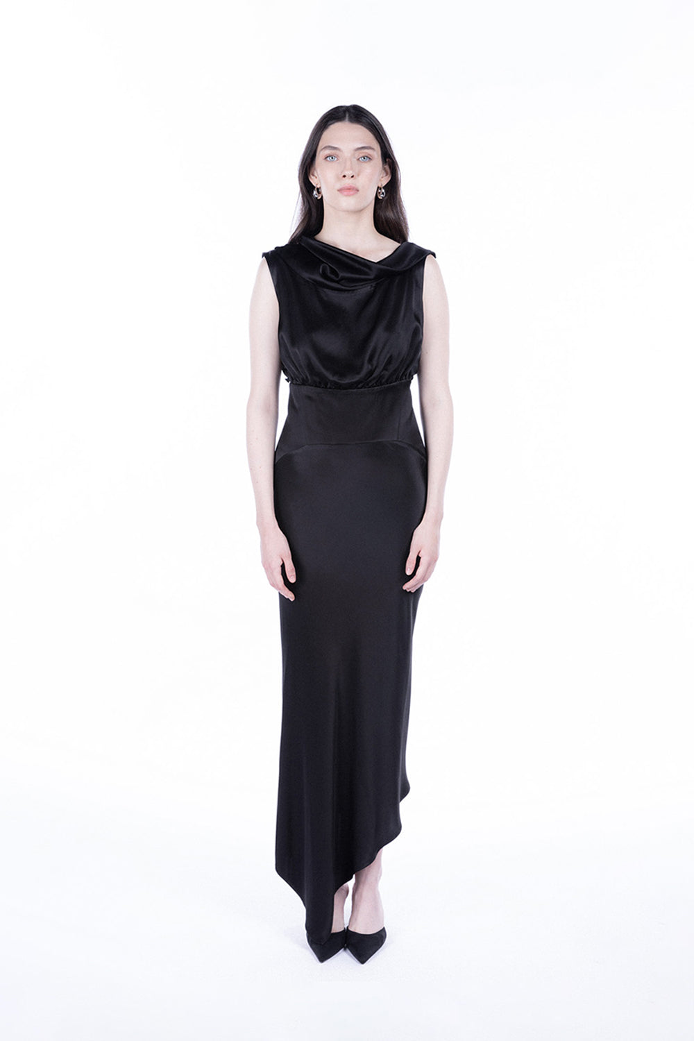 Peploum-Lea Folded Neckline Sateen Dress-Elbise-1-fleurdirect.live