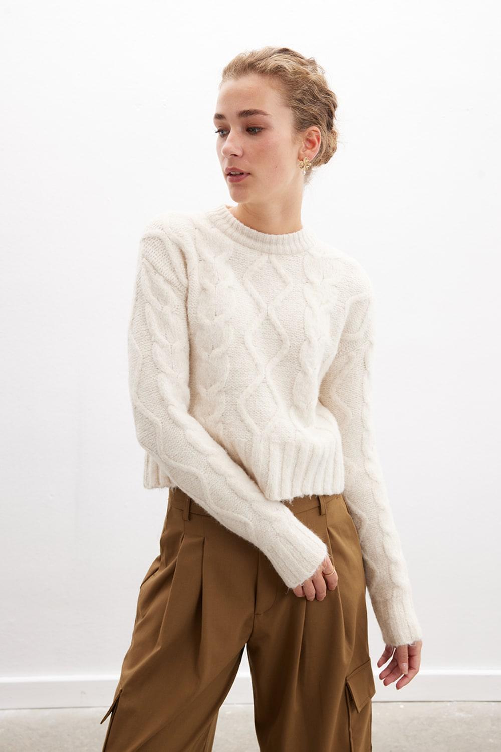 Peraluna-Adeline Sweater Bisiklet Yaka Saç Örgü Kadın Triko Kazak Ekru-Kazak & Triko-1-fleurdirect.live
