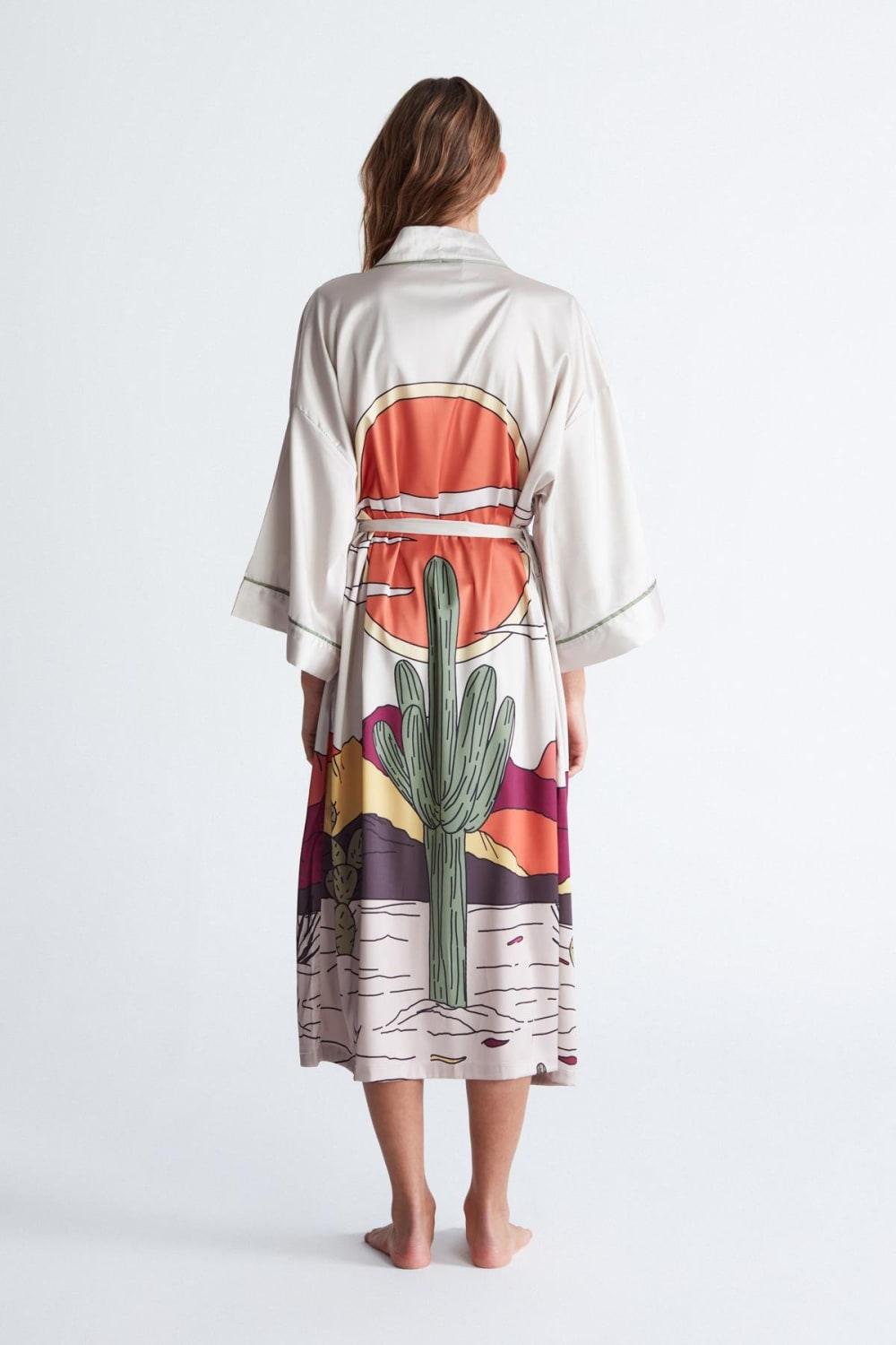 Peraluna-Cactus Ki̇mono 122 Cm Kaktus Desen Midi Boy Kemerli Saten Kadın Kimono-Kimono-7-fleurdirect.live