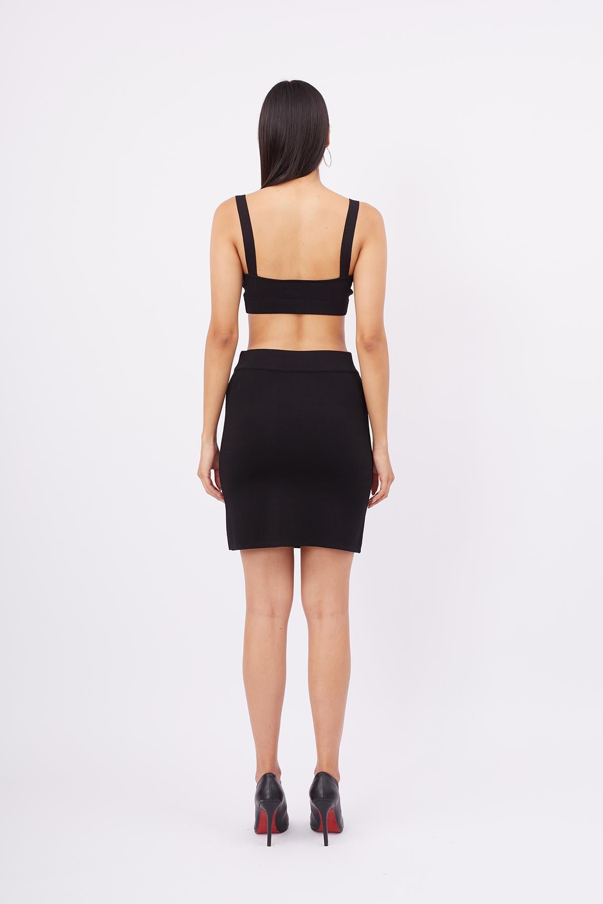 Peraluna-Eva Skirt Standart Fit Beli Lastikli Mini Kadın Triko Etek Siyah-Etek-7-fleurdirect.live
