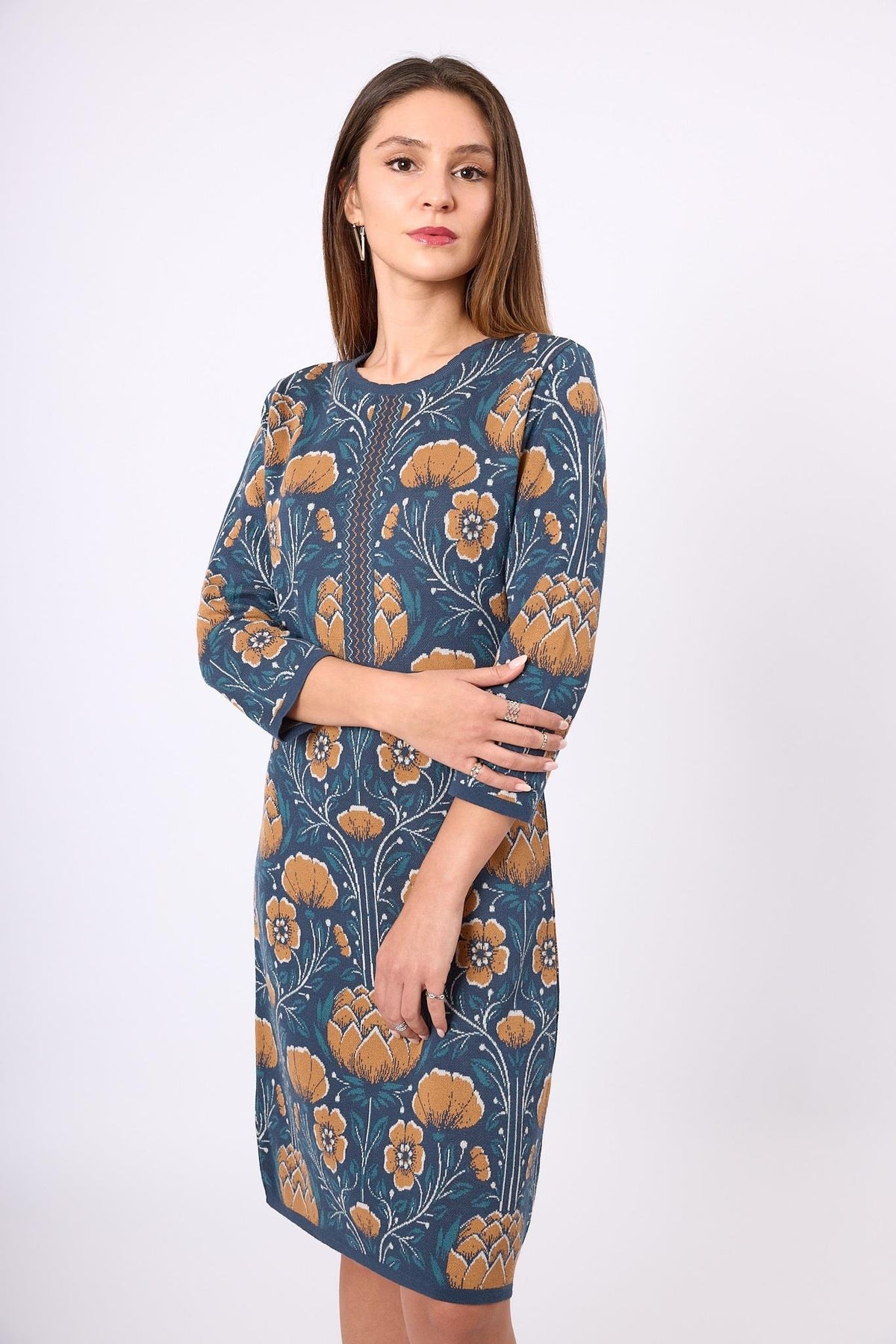 Peraluna-Felicity Çiçek Jakarlı Kadın Triko Elbise İndigo Multi-Elbise-2-fleurdirect.live