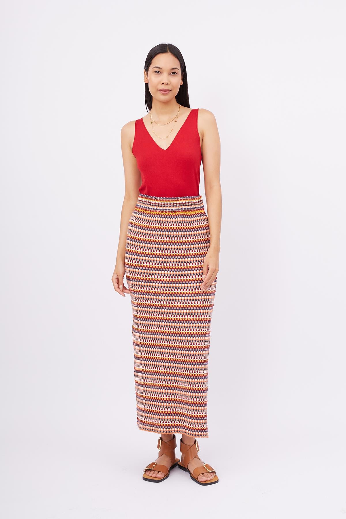 Peraluna-Frida Long Skirt Beli Lastikli Dar Kesim Yan Yırtmaçlı 90 Cm Kadın Triko Etek-Etek-1-fleurdirect.live