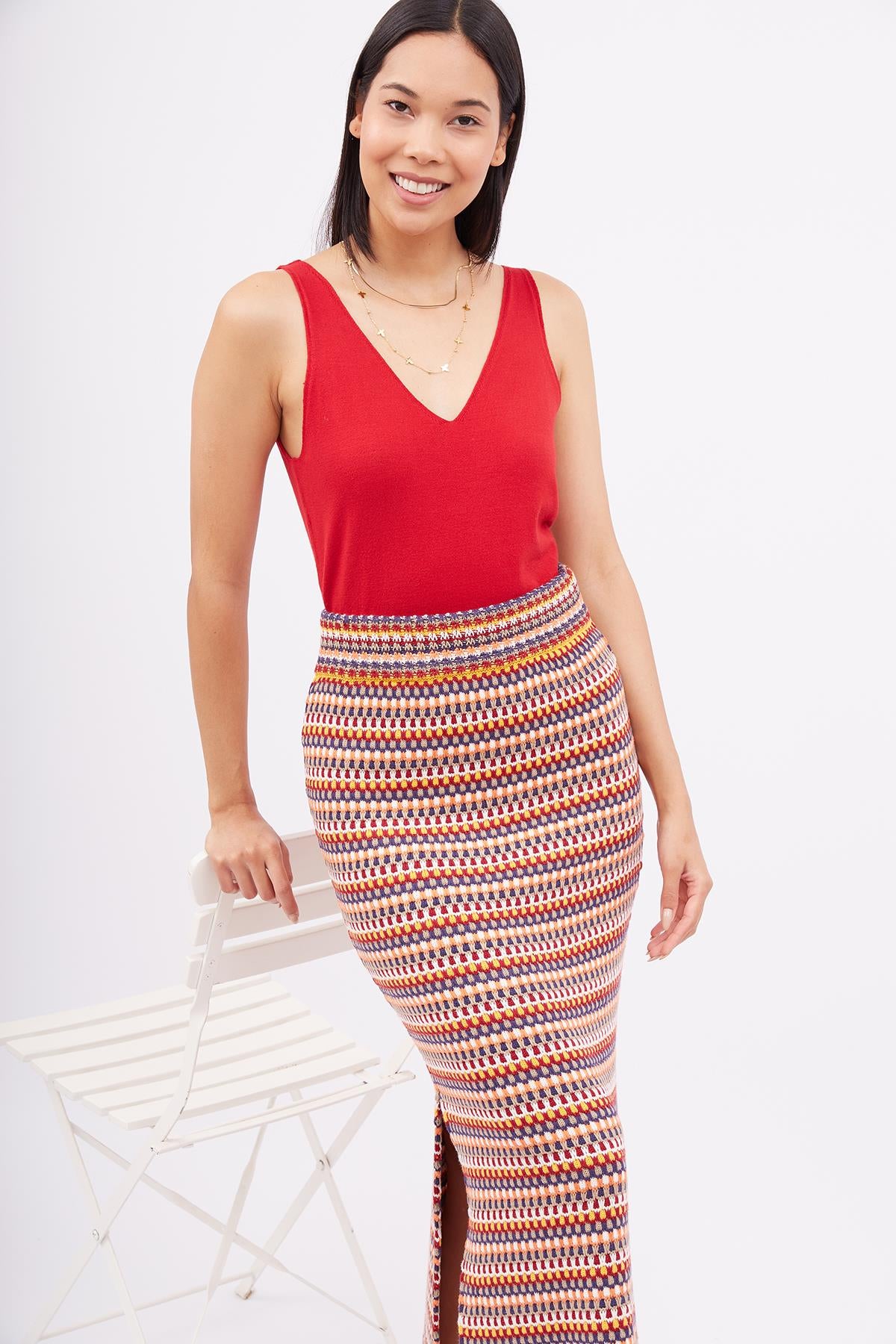 Peraluna-Frida Long Skirt Beli Lastikli Dar Kesim Yan Yırtmaçlı 90 Cm Kadın Triko Etek-Etek-7-fleurdirect.live